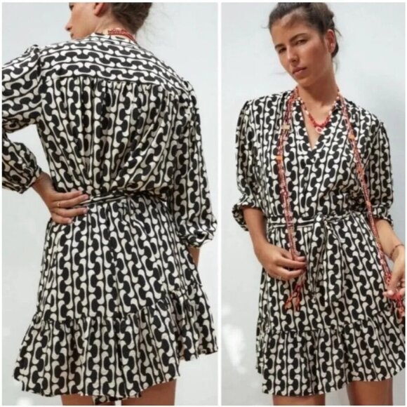 ZARA The Paula Black White Patterned Dress Size Medium NEW New with tags - Picture 2 of 14